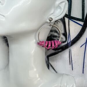 Modern Pink Geometric Spiral Hoop Earrings Silver Tone Statement Drop Dangles